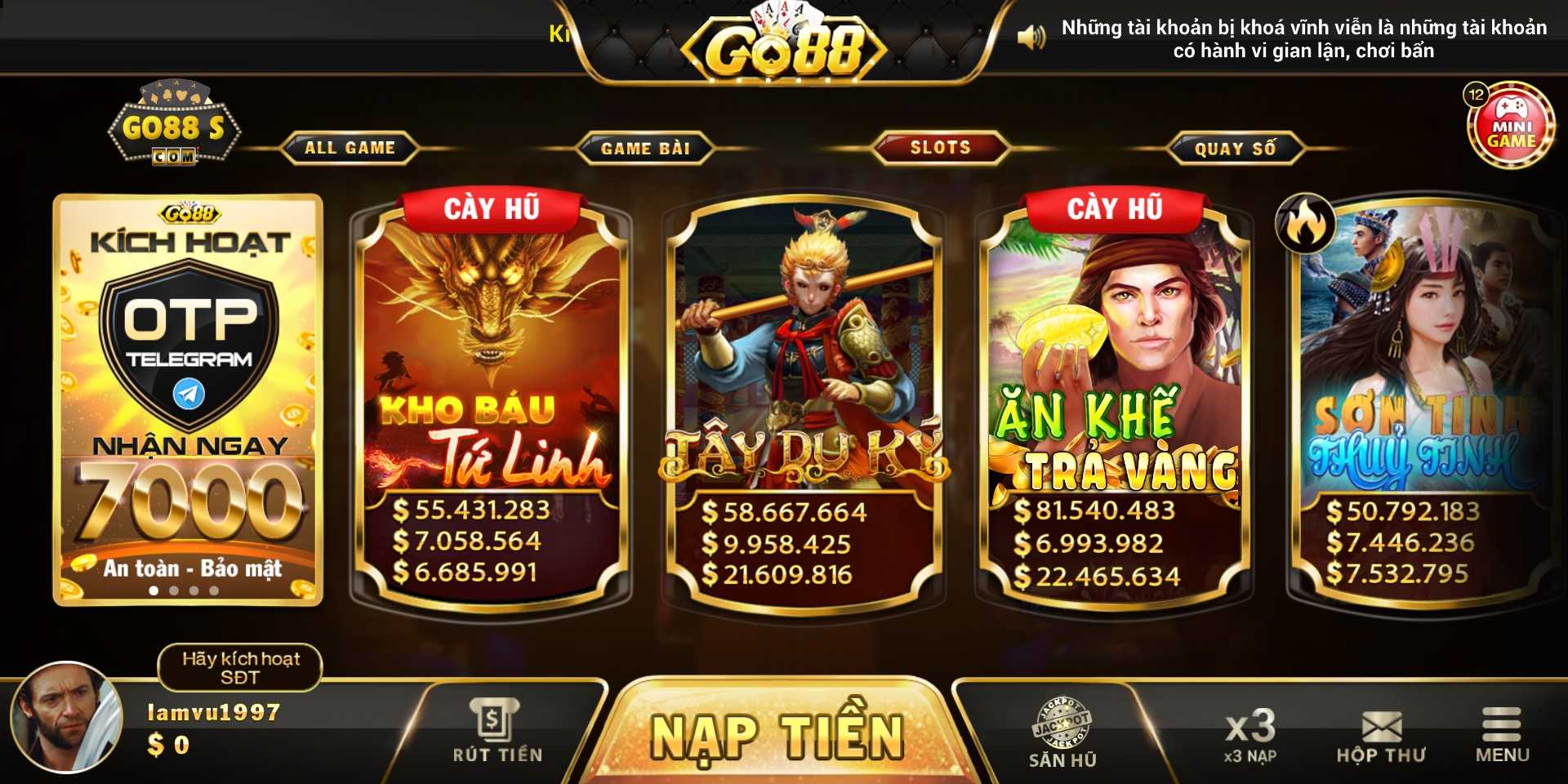 Giao diện sảnh game slot tại Go88