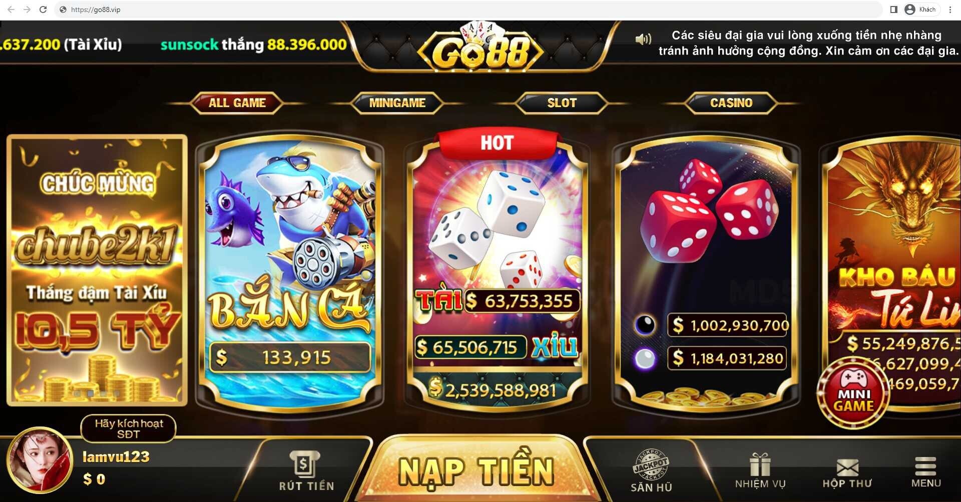 Giao diện trang chủ cổng game Go88 tại domain go88.vip