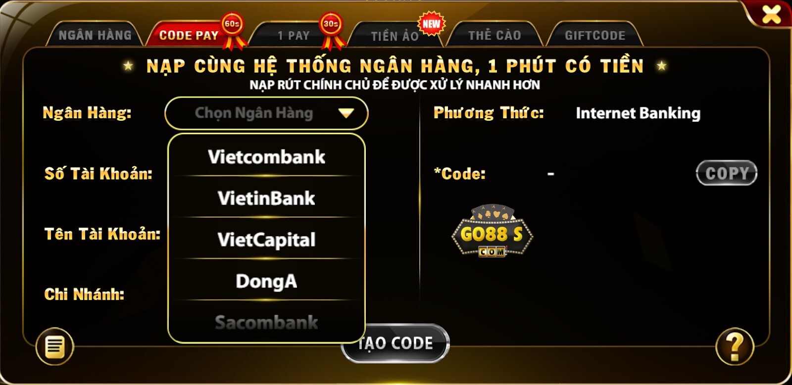 Các ngân hàng đang hỗ trợ thanh toán tại Go88