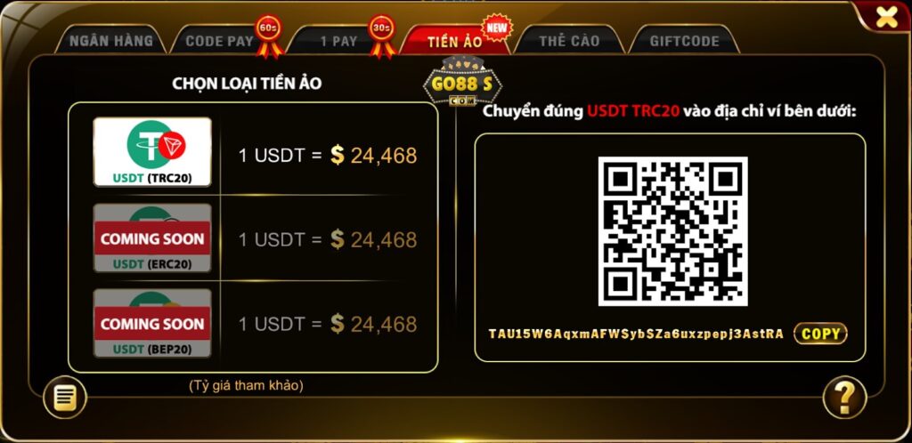 Các loại tiền ảo đang được hỗ trợ thanh toán tại Go88