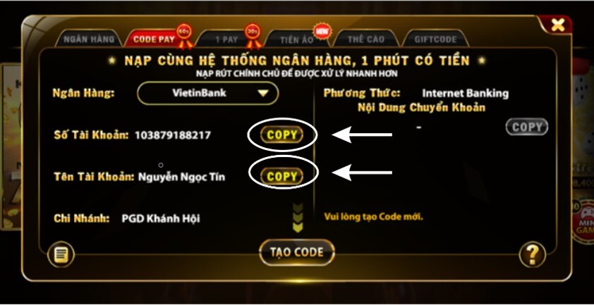 Copy và thực hiện chuyển tiền đến tài khoản Vietinbank của cổng game Go88