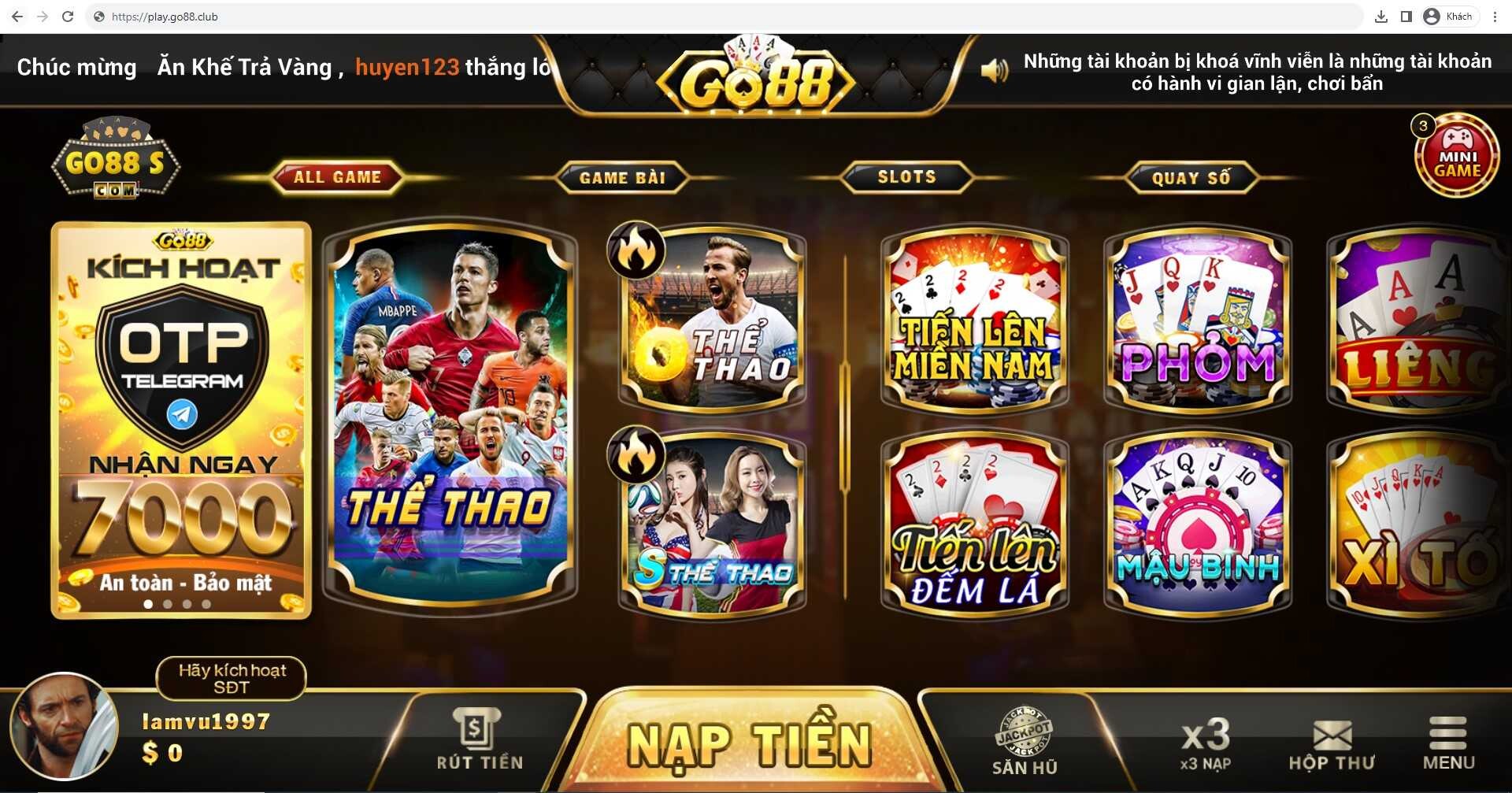 Giao diện trang chủ cổng game Go88 tại domain go88.club