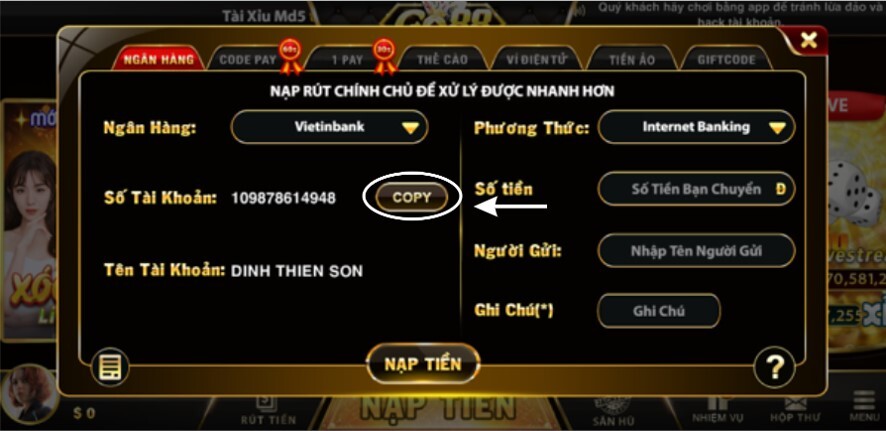 Tiến hành copy các thông tin ngân hàng Vietinbank của Go88 để chuyển tiền